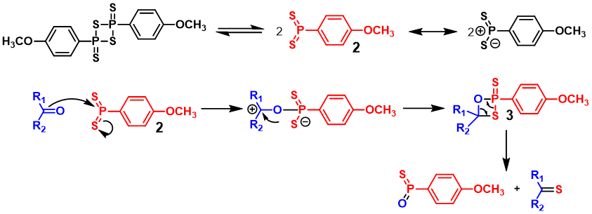 Reaction mechanism with Lawesson's reagent.