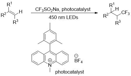 Figure 4: Photochemical hydrotrifluormethylation of alkenes using Langlois reagent