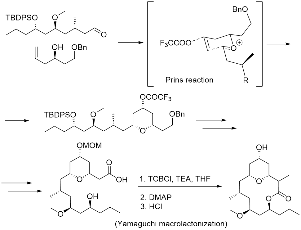 Figure 5: Part of the 2008 total synthesis of (+)-Neopeltolide – a cytostatic macrolide isolated from a deep-water sponge. Yamaguchi macrolactonization was a key step in this total synthesis.